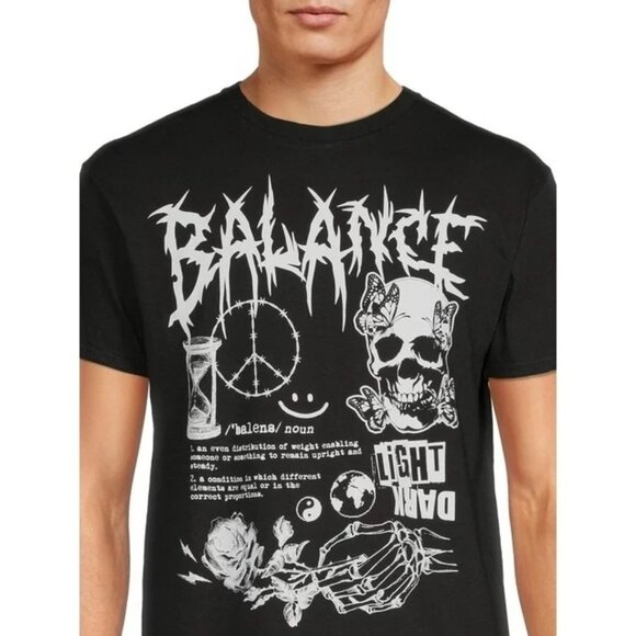 Balance Skull Mens Black Graphic T-Shirt Peace Rose Time Short Sleeve Size 2XL - Picture 1 of 5